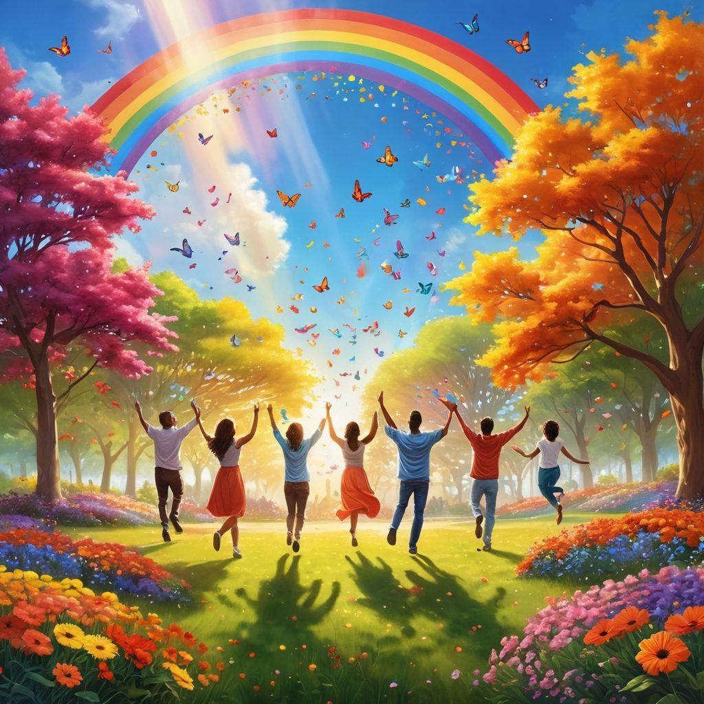 A vibrant, uplifting scene depicting a diverse group of people engaged in joyful activities, such as dancing, meditating, and sharing laughter in a sunlit park filled with colorful flowers. In the background, a bright rainbow arcs across the sky, symbolizing the journey from cheerfulness to euphoria. Include elements like butterflies and balloons to enhance the atmosphere of happiness. bright colors. super-realistic. dynamic composition.