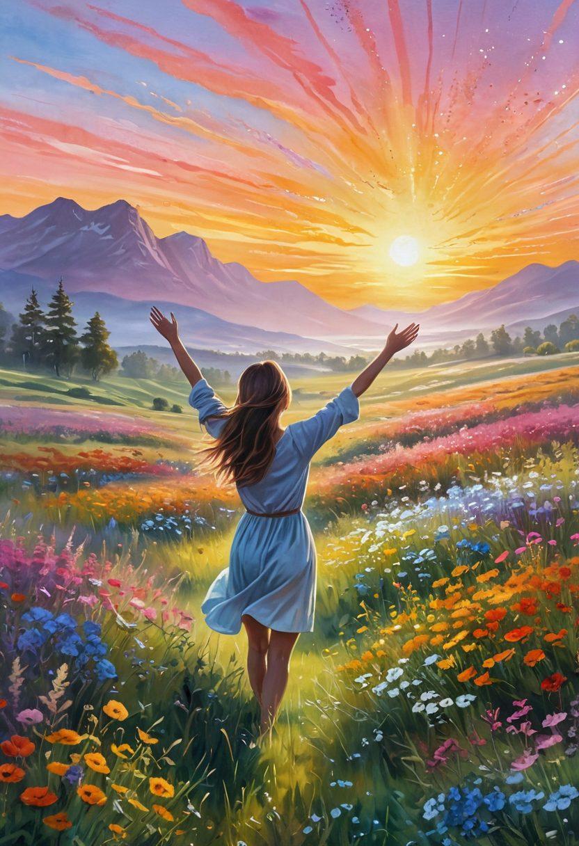 A serene landscape depicting a sunrise over a blooming meadow filled with vibrant flowers, symbolizing happiness and awakening. Include a silhouette of a person with arms raised in celebration, surrounded by sparkling light particles representing joy and positivity. Soft pastel colors with a warm glow to evoke feelings of euphoria and tranquility. painting. vibrant colors.