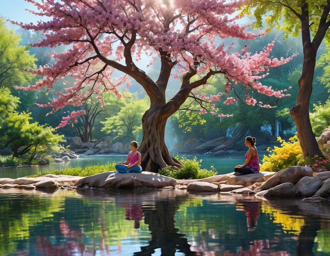 A serene landscape featuring a person meditating under a blooming tree, surrounded by vibrant flowers and gentle flowing water. Include soft sunlight filtering through leaves, symbolizing peace and emotional balance. The scene should evoke a sense of fulfillment and tranquility. super-realistic. vibrant colors. tranquil atmosphere.